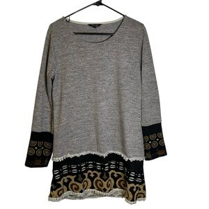 Yak & Yeti Gray Black Brown 3/4 Sleeve Tunic Sweatshirt Folksy Art to Wear Large